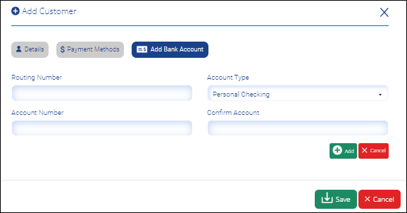 Add Customer - Add Bank Account tab