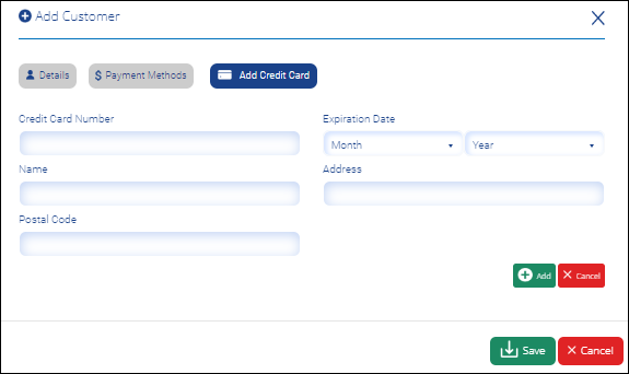 Add Customer - Add Credit Card tab