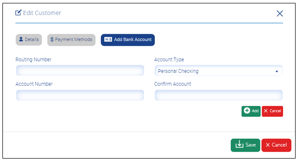 Edit Customer - Payment - Add Bank Account