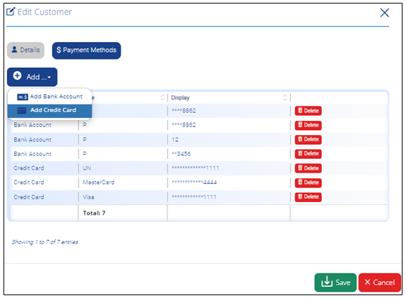 Edit Customer - Payment - Add Credit Card