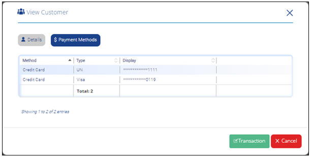 View Customers - Payment Methods