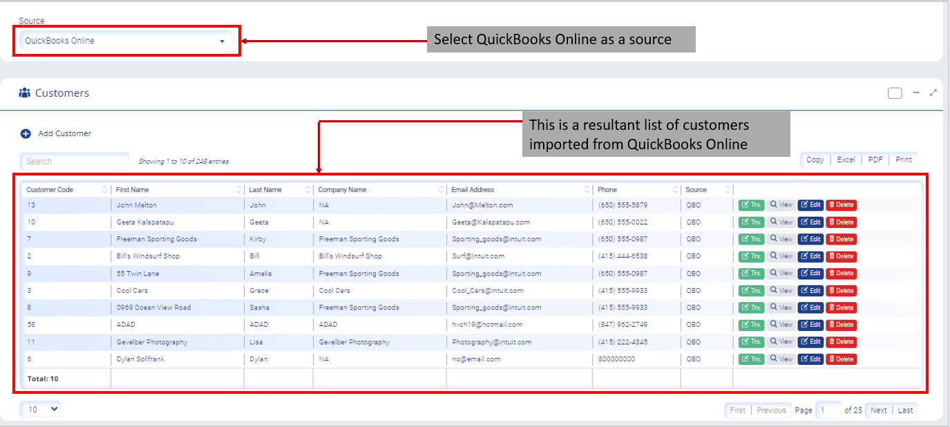 List of customers imported from QuickBooks Online